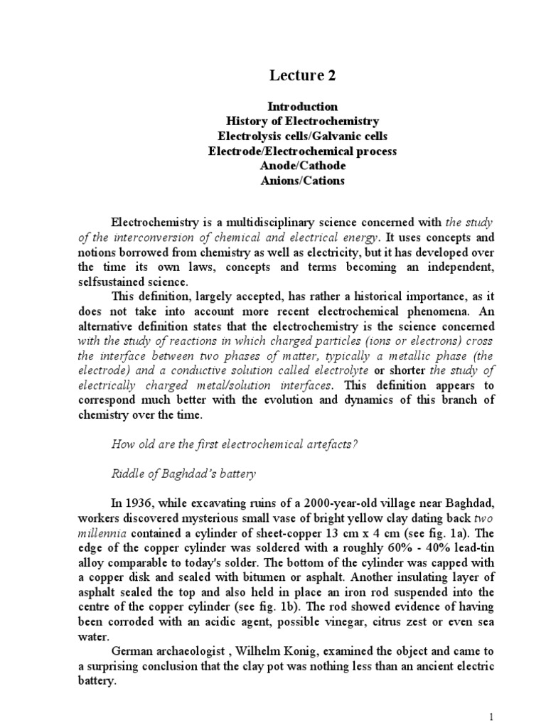 History of Electrochemistry Electrolysis Cells/galvanic Cells Electrode