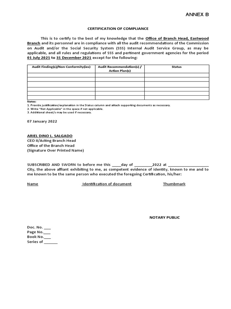 Annex B Certification of Compliance (EASTWOOD) PDF Notary Public