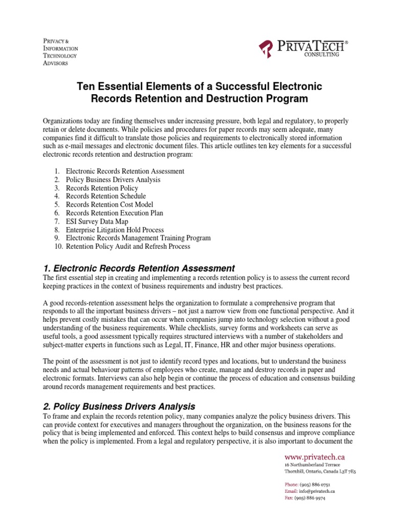 Ten Essential Elements of A Successful Electronic Records Retention and