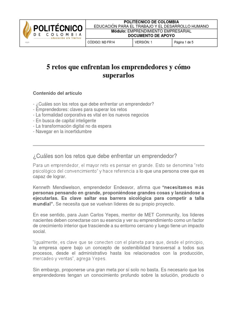 5 Retos Que Enfrentan Los Emprendedores | PDF | Iniciativa empresarial ...