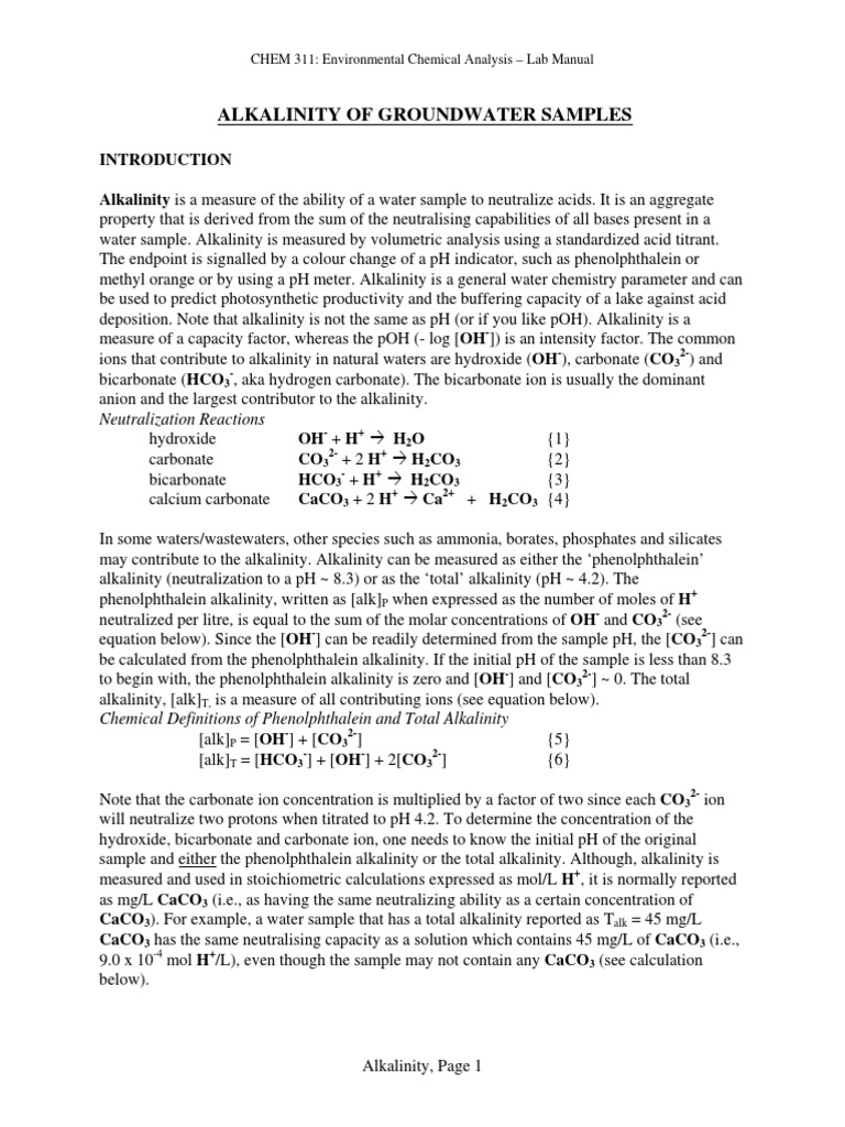 Groundwater Alkalinity Lab Manual | PDF | Alkalinity | Ph