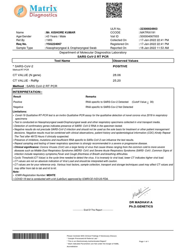 SARS-CoV-2 RT-PCR Test Results Report | PDF | Reverse Transcription ...