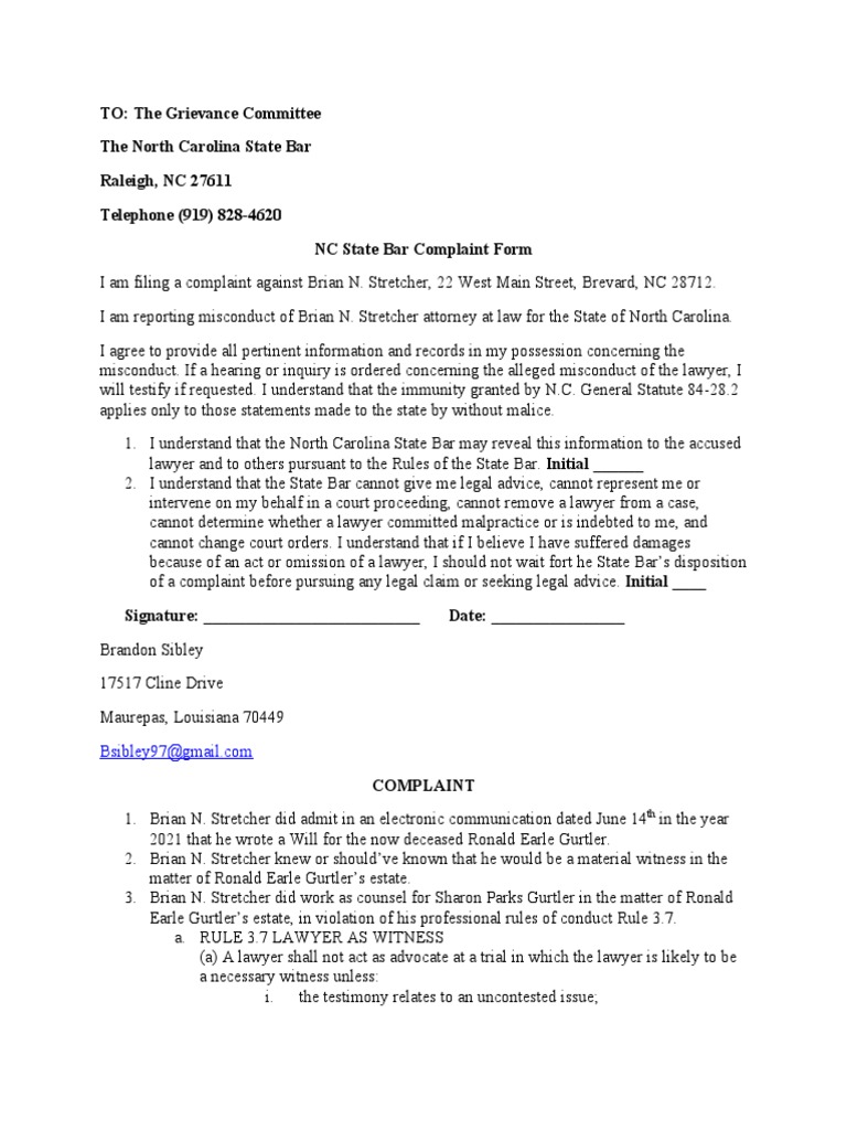 NC State Bar Complaint Form PDF Conflict Of Interest Lawyer