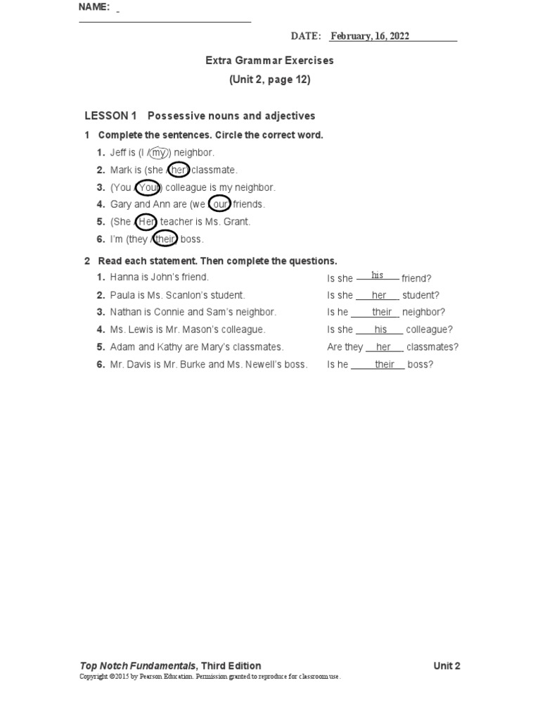 Extra Grammar Exercises (Unit 2, Page 12) LESSON 1 Possessive Nouns and ...