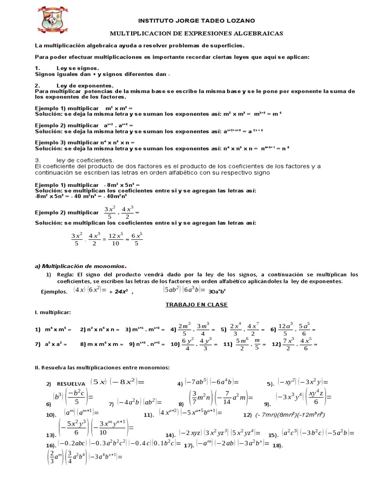 Multiplicacion de Expresiones Algebraicas | PDF | Multiplicación ...