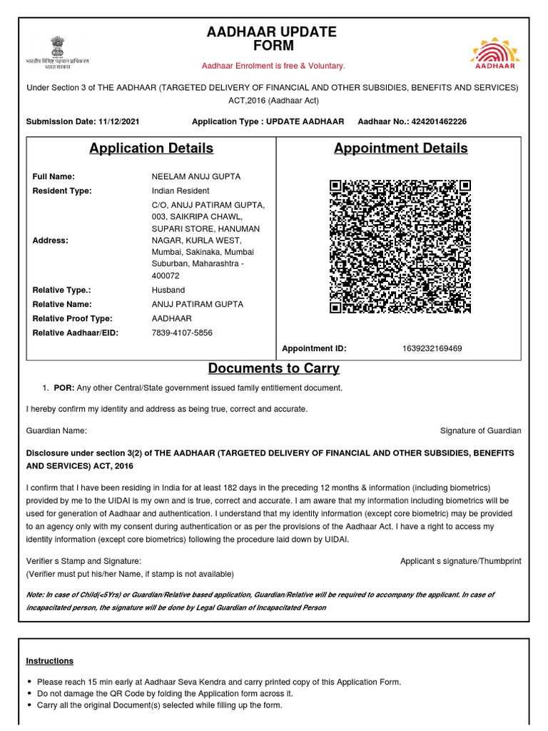 Aadhaar Update Form Instructions | PDF | Identity Document | Government