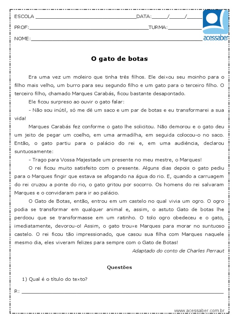 Interpretacao de Texto o Gato de Botas 2 Ano e 3 Ano | PDF | Gatos
