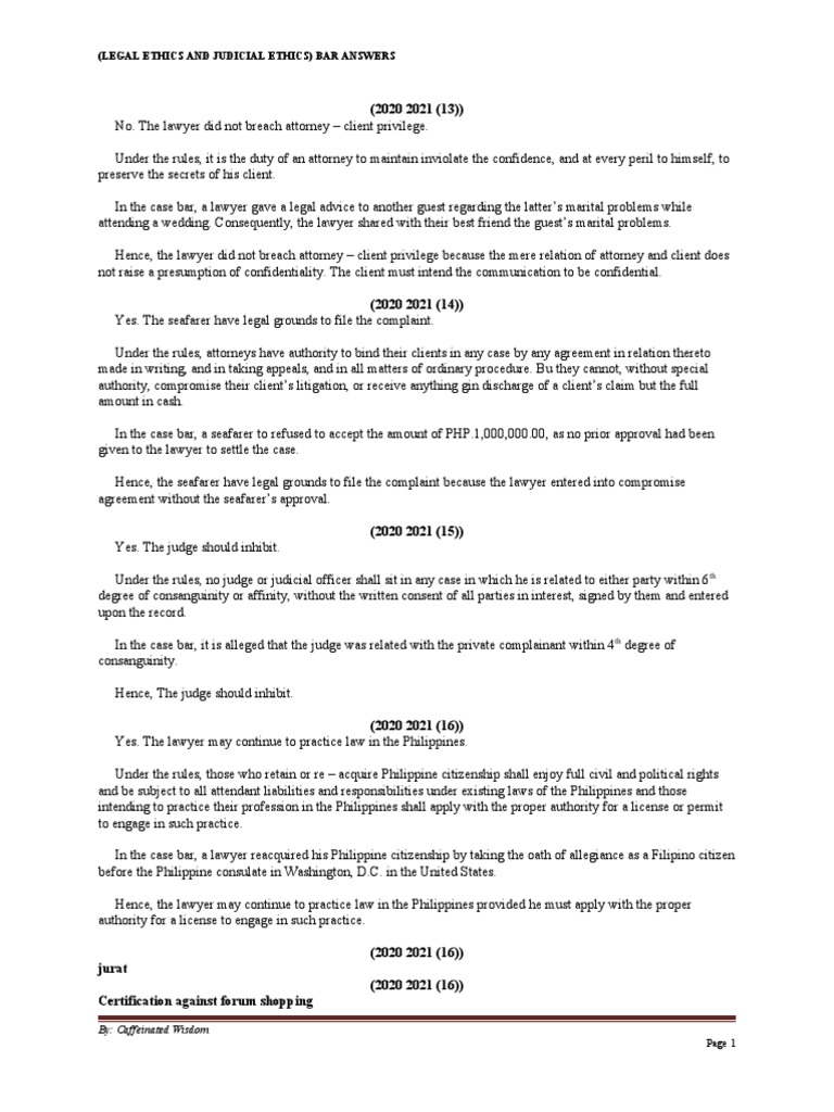 Bar Exam Ethics Q&A Guide | PDF | Lawyer | Conflict Of Interest