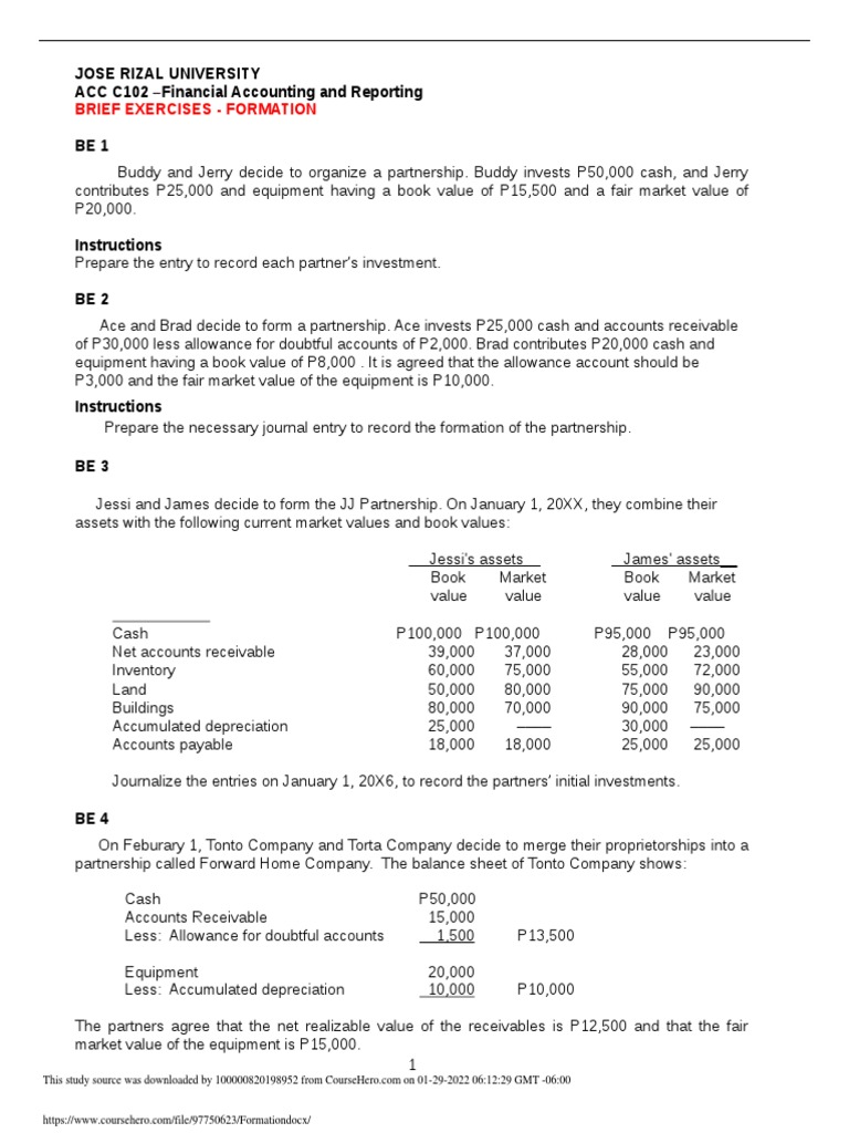 Partnership Formation Journal Entries | PDF | Book Value | Business ...