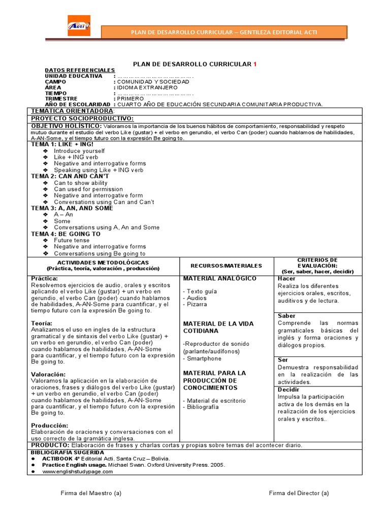 Ingles 4to - Plan de Desarrollo Curricular | PDF | Gramática | Oración ...