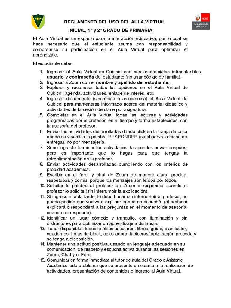 Reglamento Aula Virtual Colegio Elim | PDF | Salón de clases | Maestros