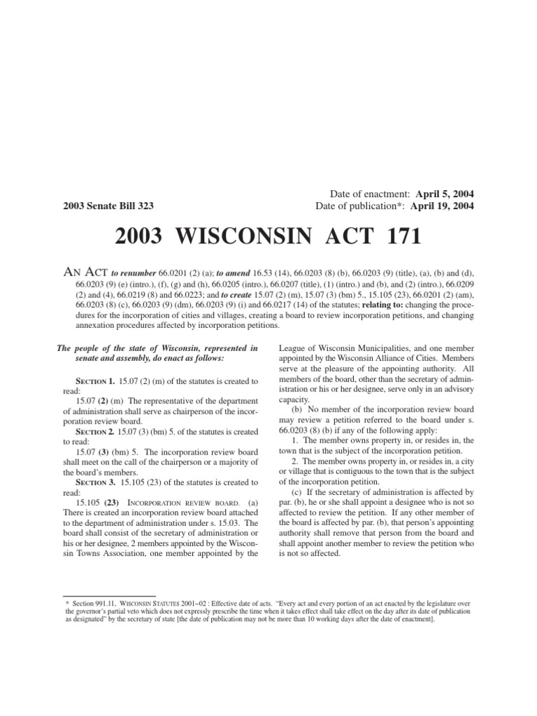 Wisconsin Act 171: Incorporation Procedures | PDF | Bill (Law ...