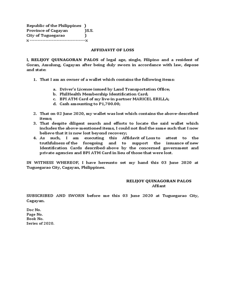 AFFIDAVIT OF LOSS-wallet RELIJOY QUINAGORAN PALOS | PDF