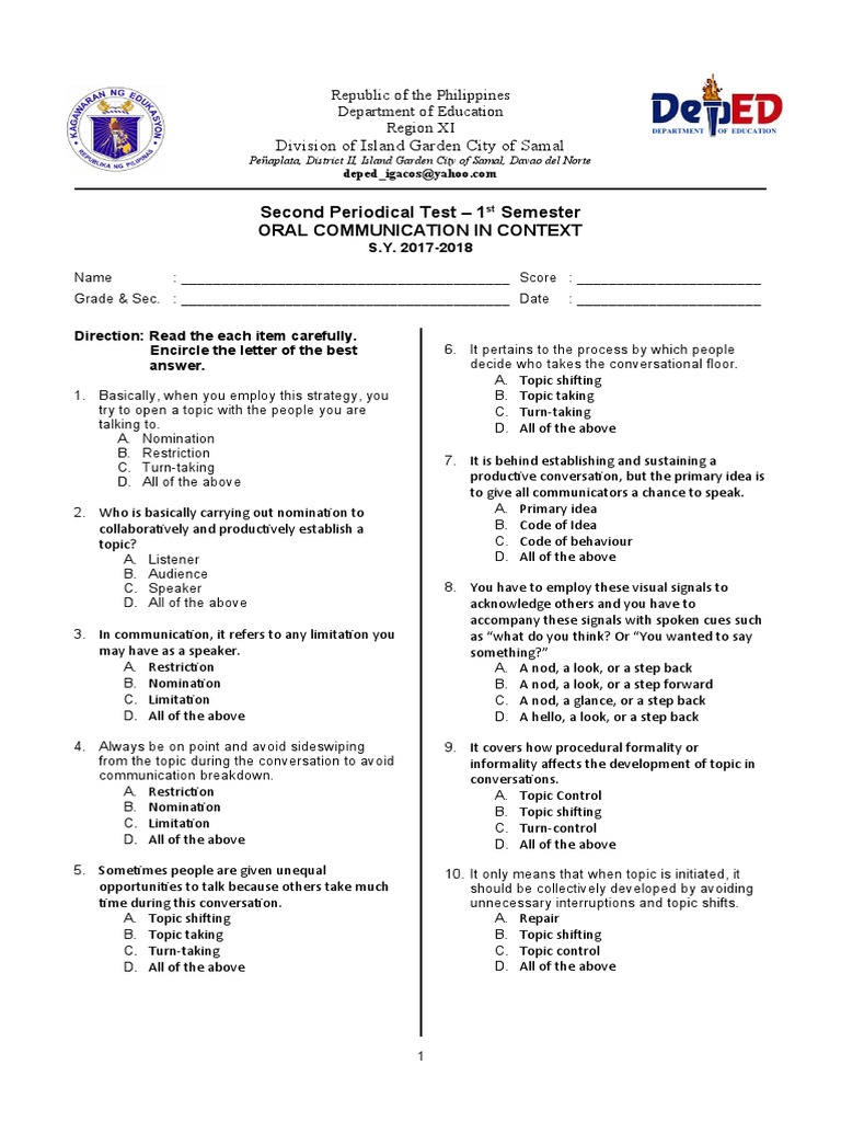 Oral Communication in Context Second Periodical Test First Semester