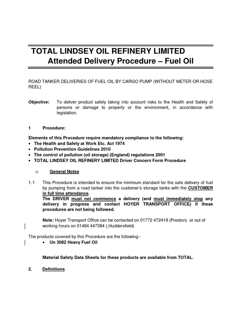 Attended Delivery Procedure For Total LOR Fuel Oil PDF Oil Tanker