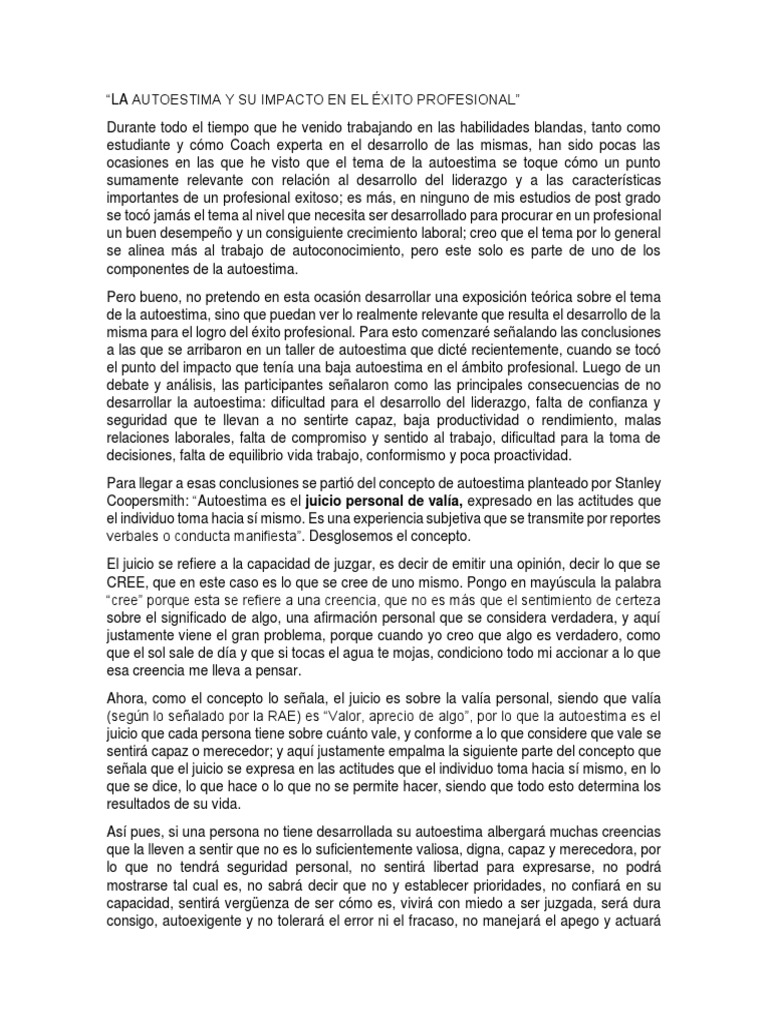 La Autoestima y Su Impacto en El Éxito Profesional | PDF | Autoestima ...