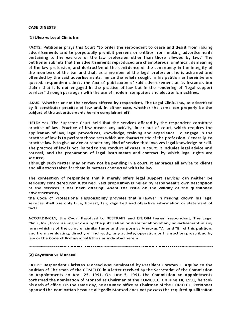 Legal Ethics CASE DIGESTS 1 | PDF | Lawyer | Practice Of Law