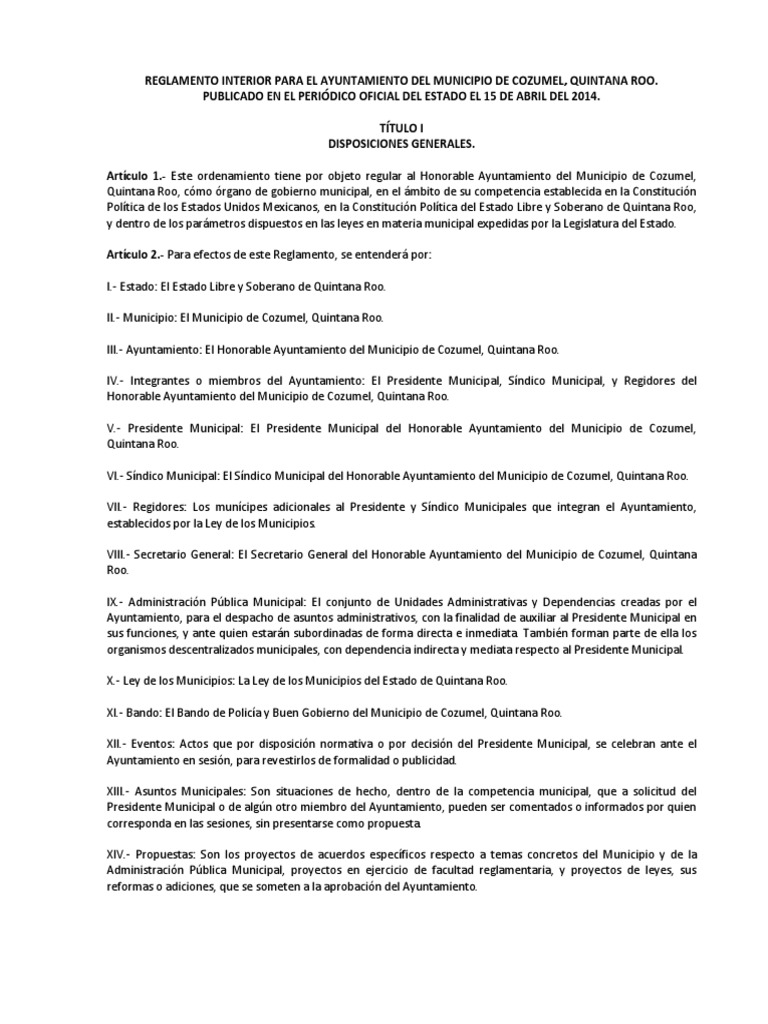 Reglamento Interior para El Ayuntamiento Del Municipio de Cozumel Publicado  | PDF | Gobierno local | Regulación