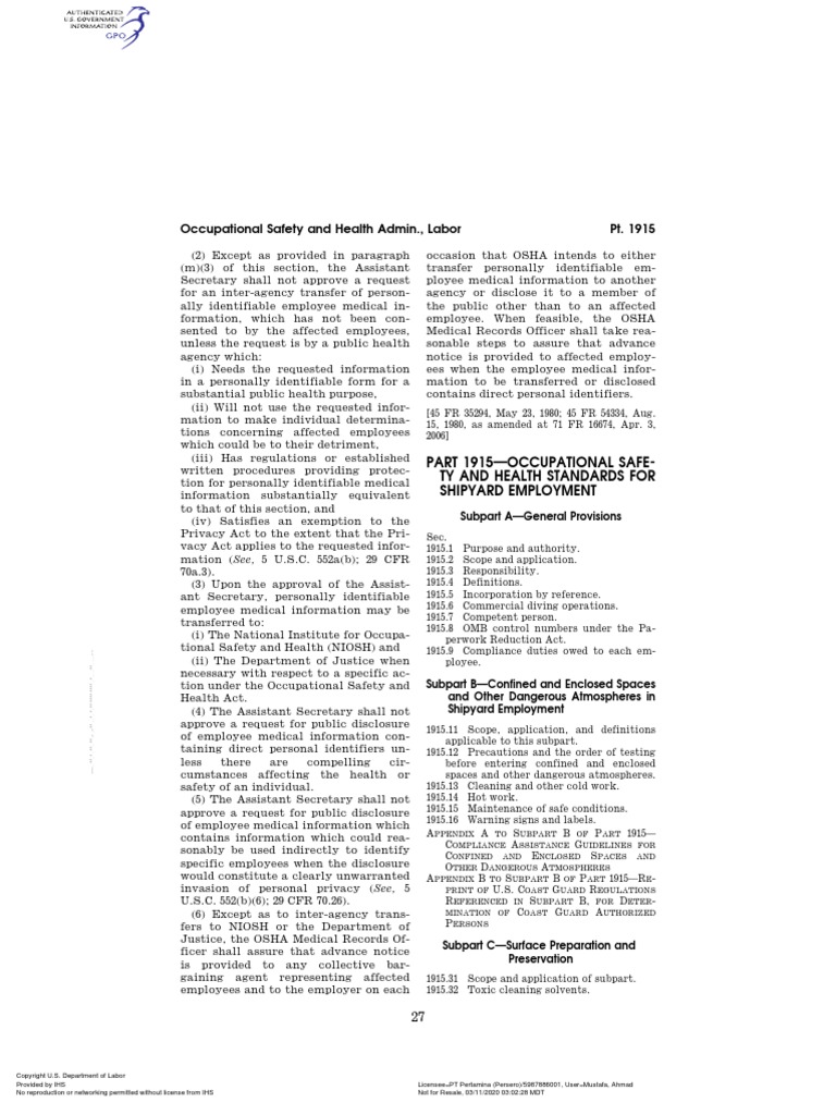 29 CFR Part 1915 Occupational Safety And Health Standards For 