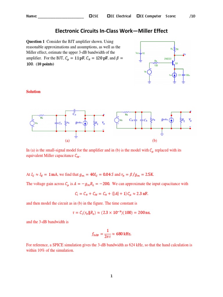 Electronic Circuits InClass WorkMiller Effect Question 1 Consider
