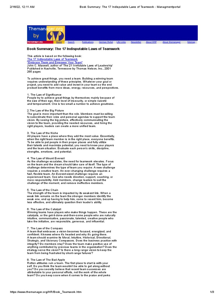 Book Summary - The 17 Indisputable Laws of Teamwork | PDF | Value ...