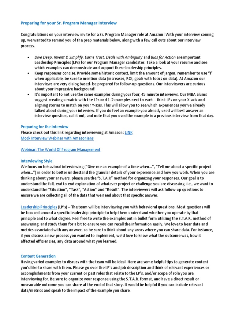 Amazon Sr. Program Manager Interview Prep | PDF | Leadership | Interview