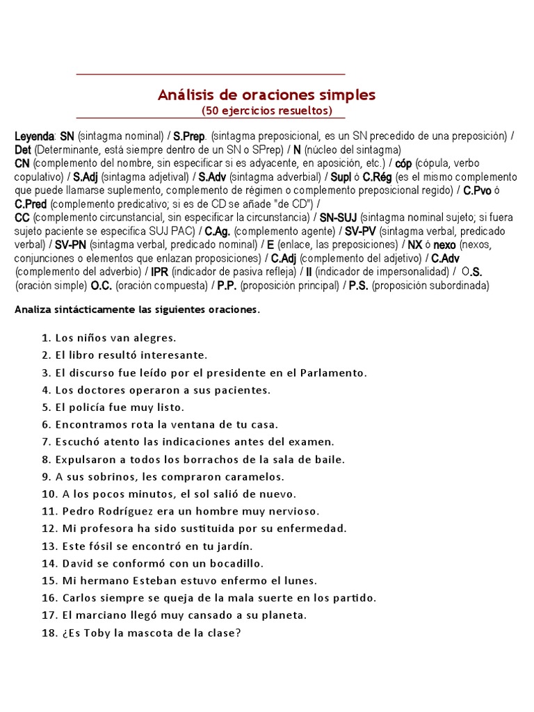 Análisis de 50 oraciones simples | PDF | Predicado (Gramática ...