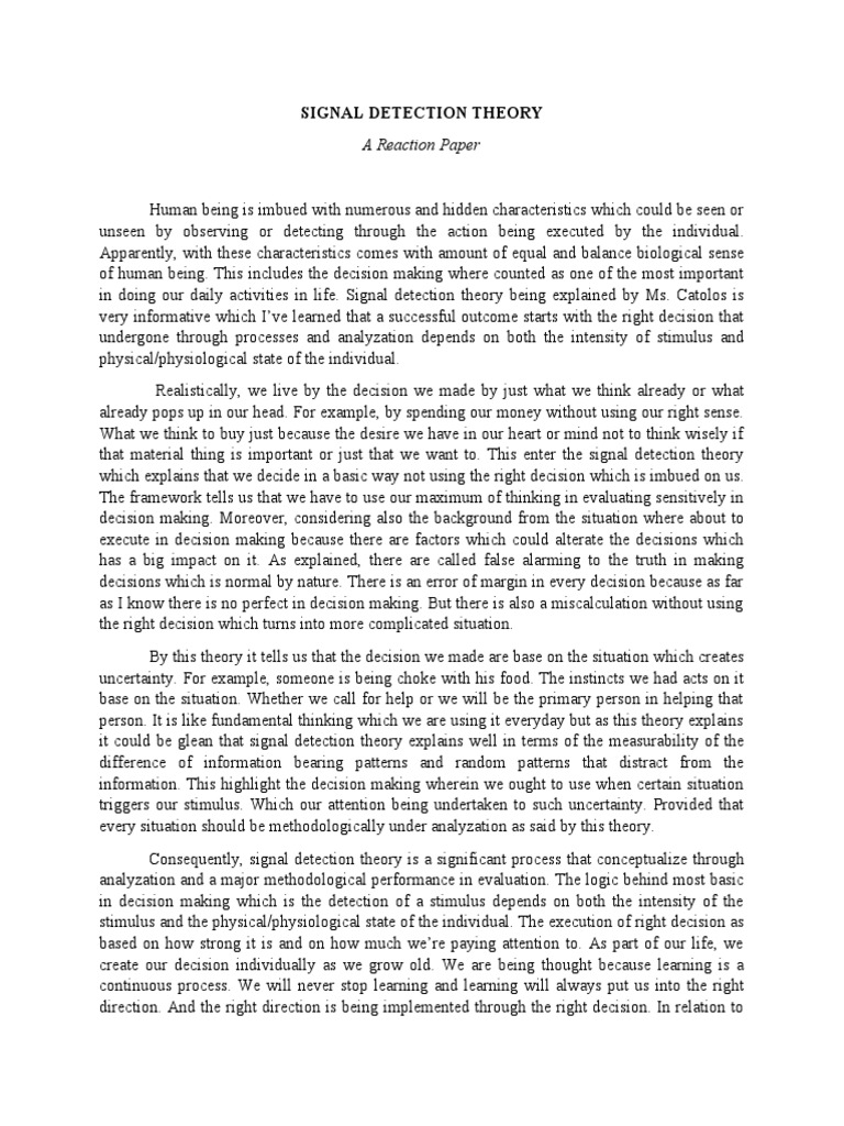 Signal Detection Theory: A Reaction Paper | PDF | Decision Making | Theory