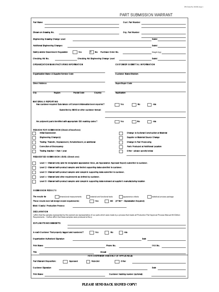 Part Submission Warrant Organization Manufacturing Information
