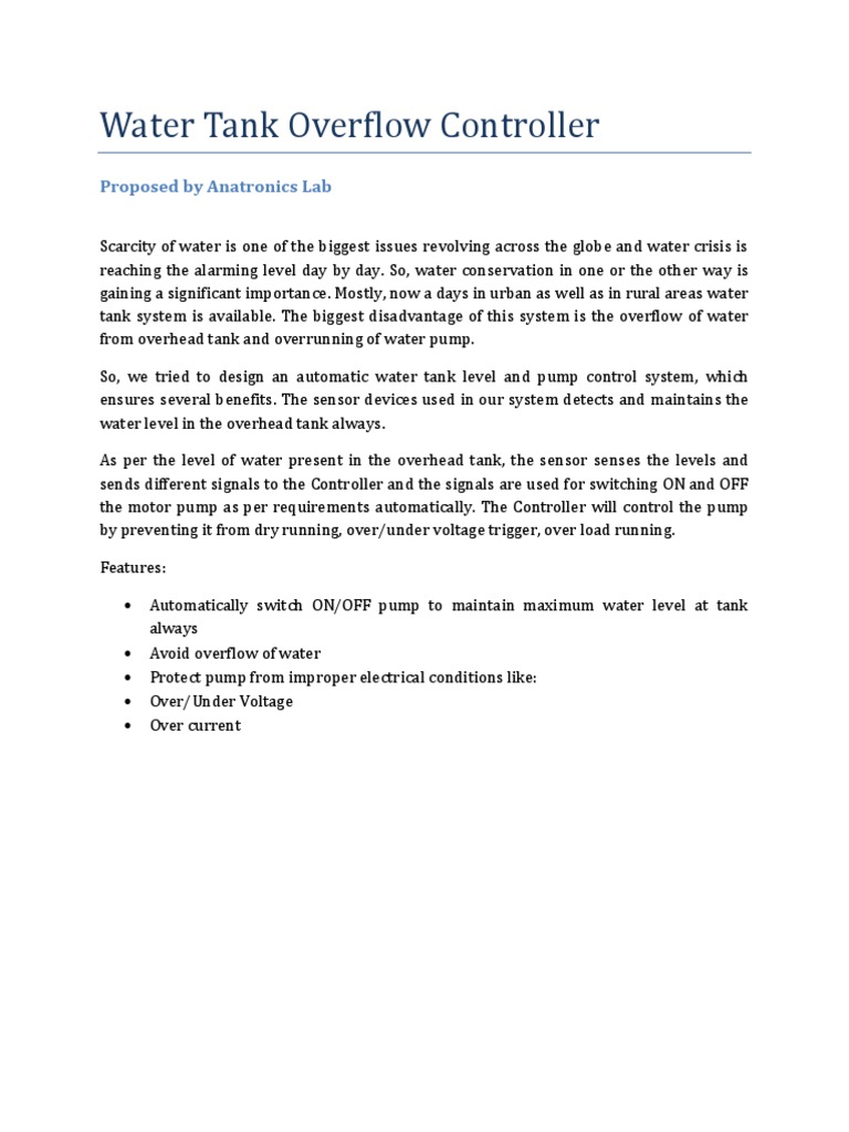 Water Tank Overflow Controller: Proposed by Anatronics Lab | PDF