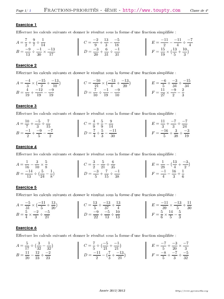 Fraction Exercice Corrigé Pdf 4ème Fractions Priorites 1 | PDF | Ouverture (échecs) | Échecs