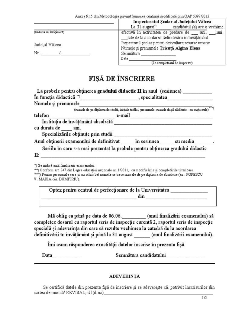 Fișă Înscriere - Grad I I | PDF