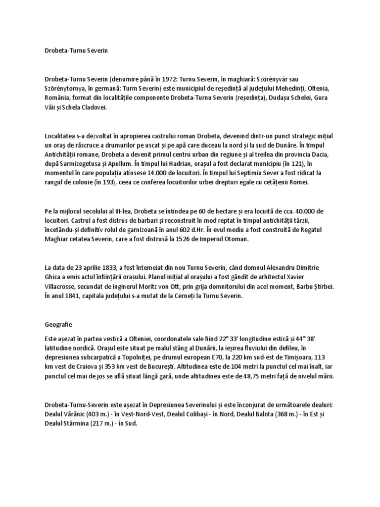 Drobeta-Turnu Severin Informatii Generale | PDF