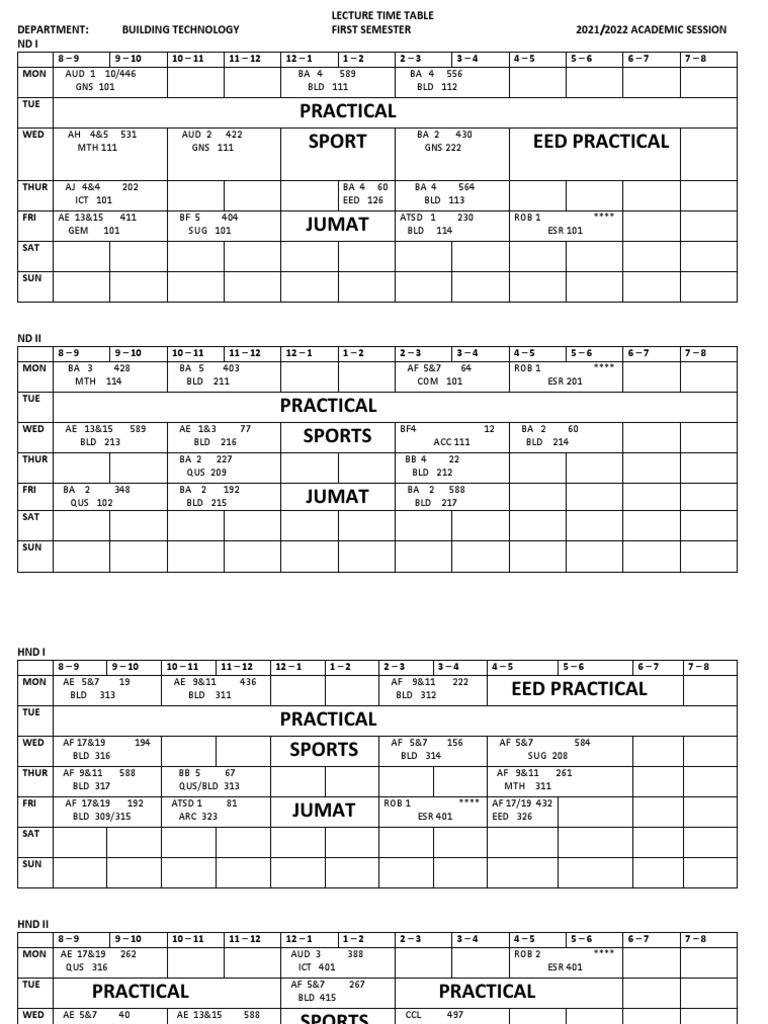 Building Technology Department 1st Semester Lecture Time Table 2021 ...