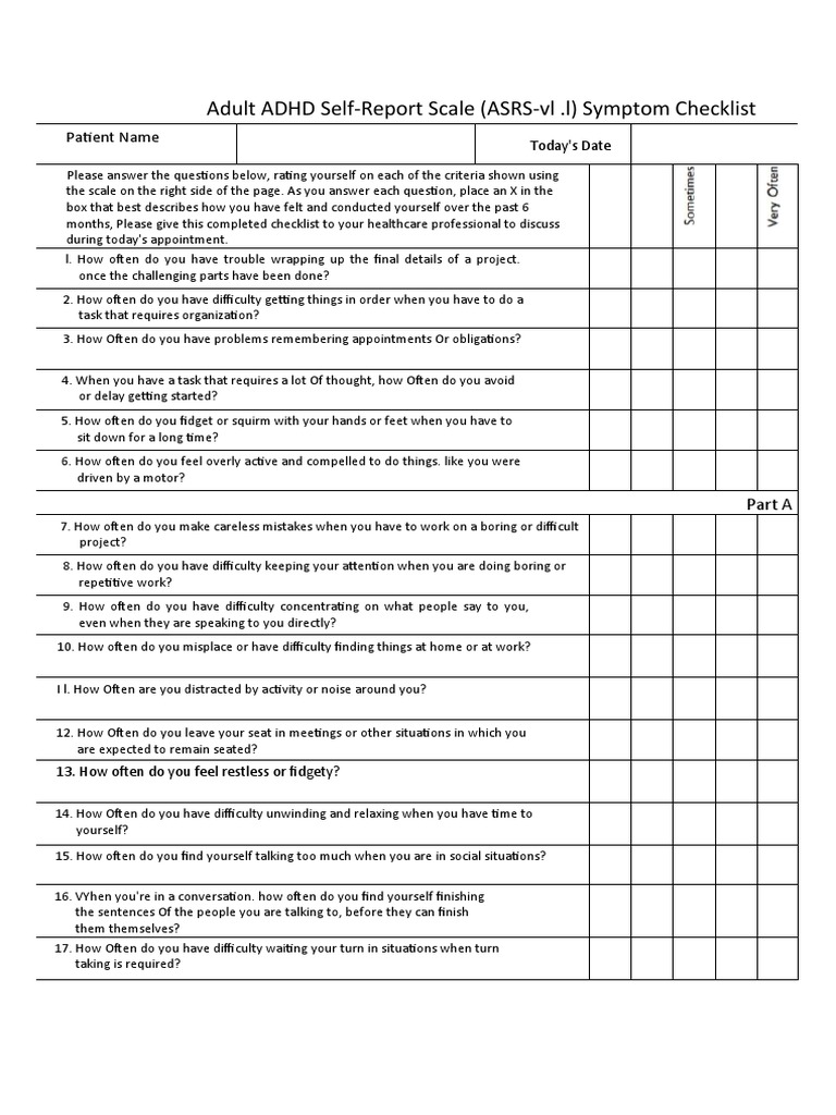 Adult adhd self report scale asrs vl l symptom checklist patient