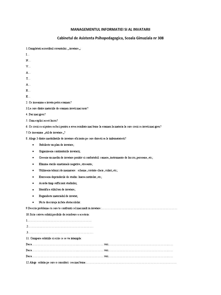 Managementul Invatarii - Fisa | PDF