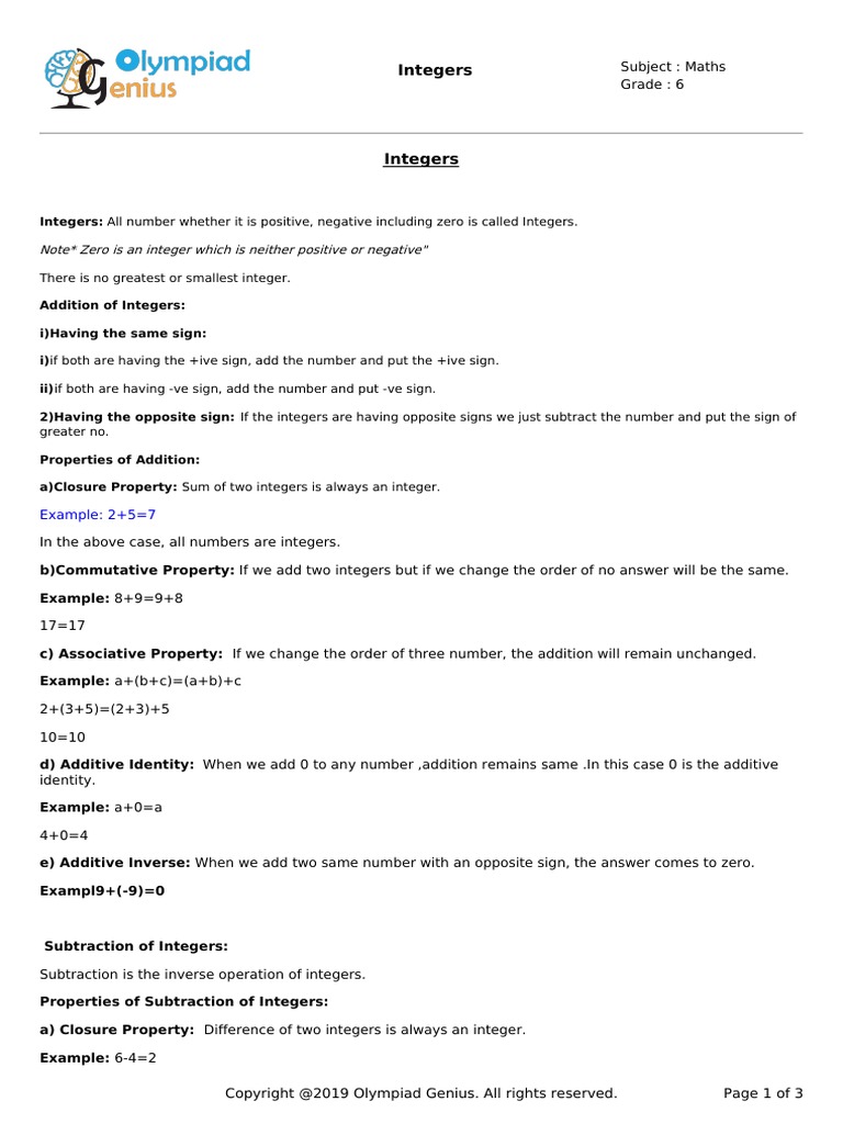 Integers: Subject: Maths Grade: 6 | PDF | Integer | Multiplication
