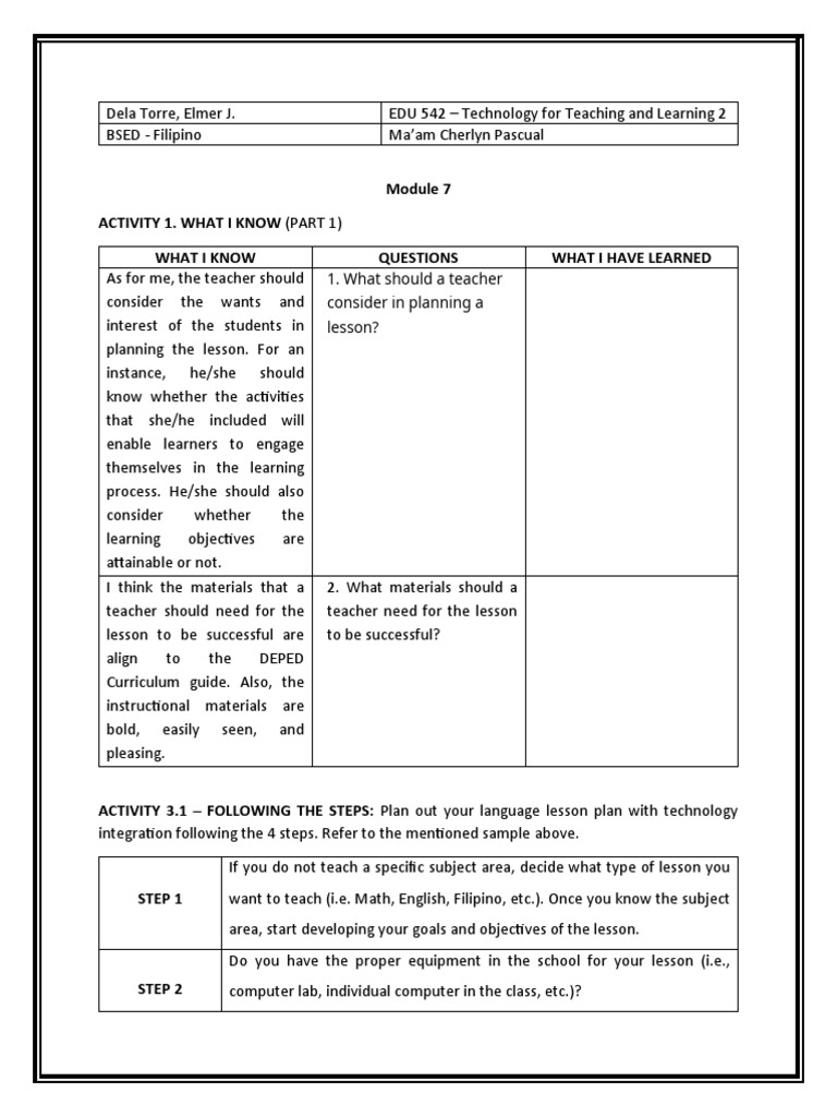 EDU 542 Module 7 Elmer J. Dela Torre PDF Lesson Plan Teachers
