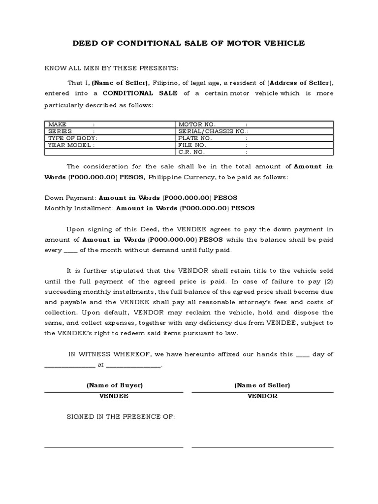Deed of Conditional Sale of Motor Vehicle | PDF | Prices | Payments