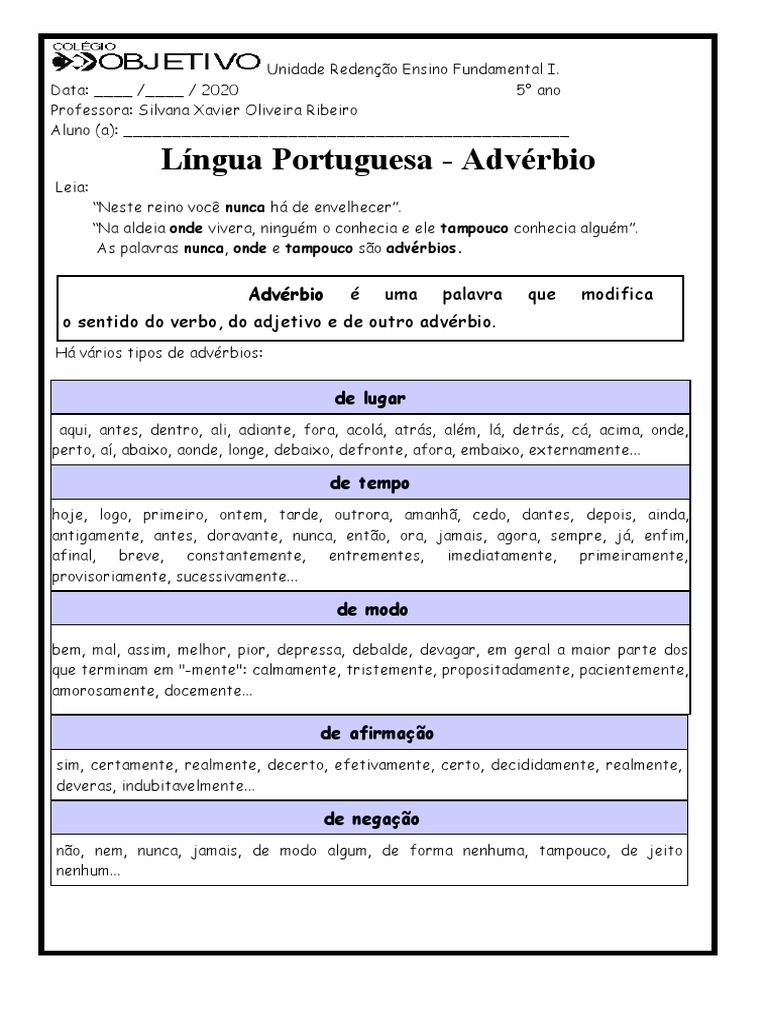ADVERBIOS 2020 - 5º Ano | PDF | Advérbio | Gramática