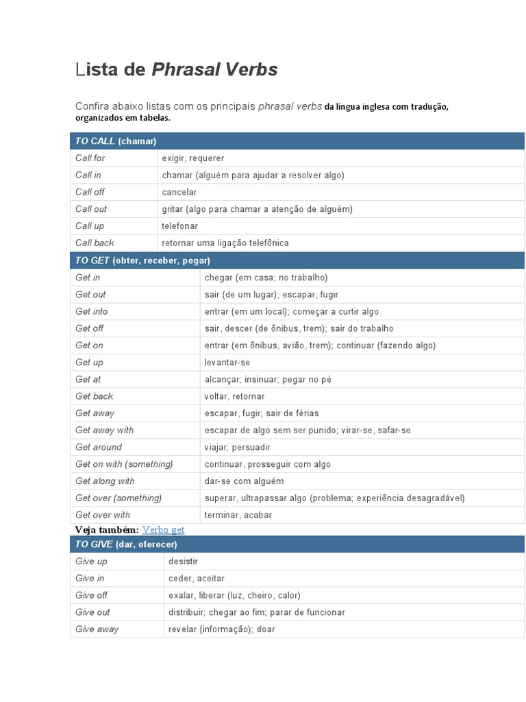 Lista de Phrasal Verbs com Tradução | PDF