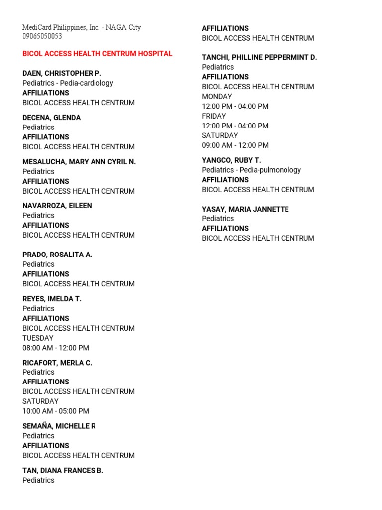 MediCard Philippines Naga - List of Pediatricians | PDF | Human Development | Interpersonal ...