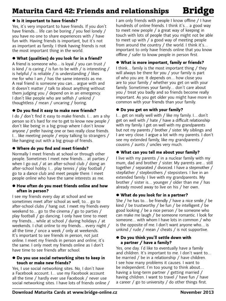 Maturita Card Friends and Relationships PDF Family Social