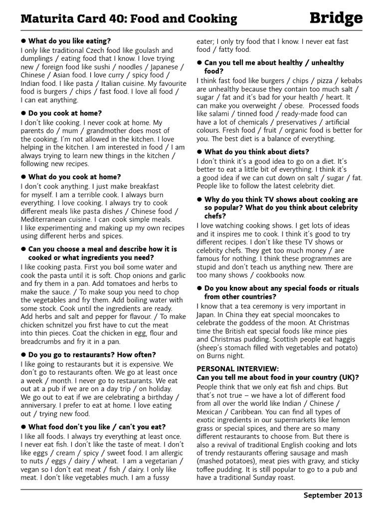 Maturita Card Food and Cooking 2 Download Free PDF Foods Pasta