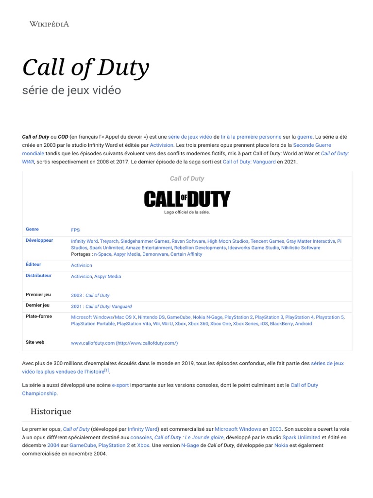 Call of Duty - Wikipédia | PDF | Jeux vidéo | Développement de jeux vidéo