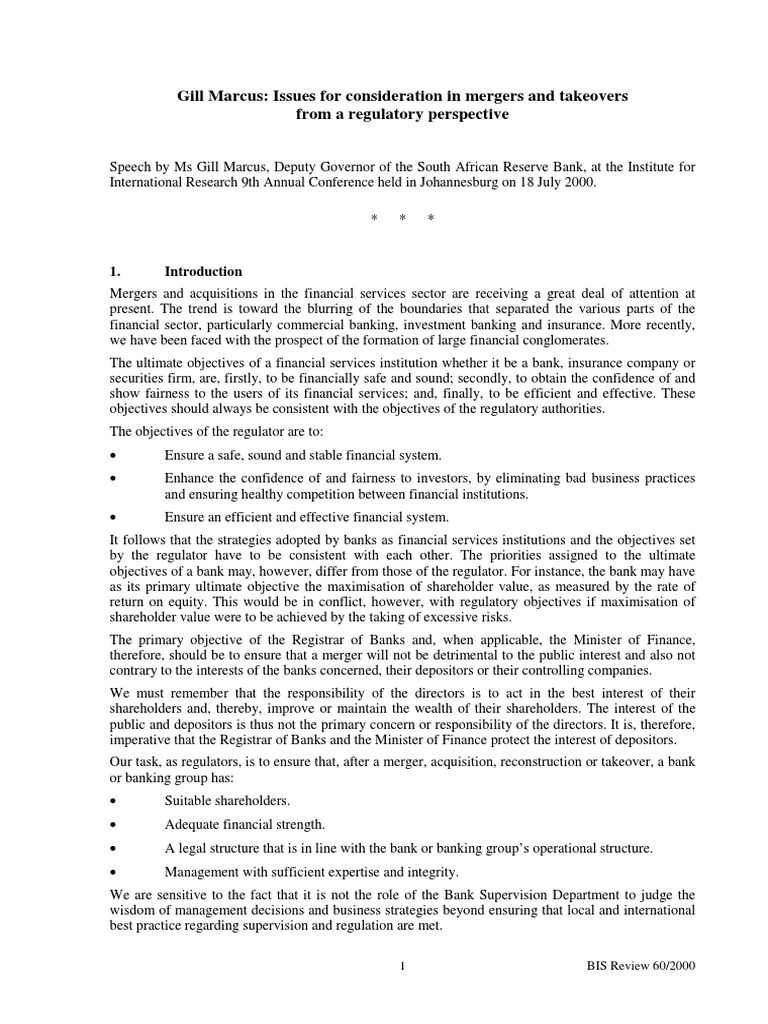 Gill Marcus Issues For Consideration in Mergers and Takeovers From A