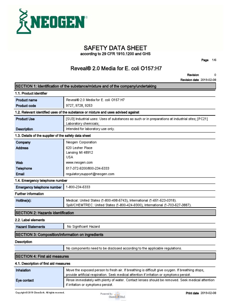 Safety Data Sheet Reveal® 2.0 Media For E. Coli O157H7 PDF
