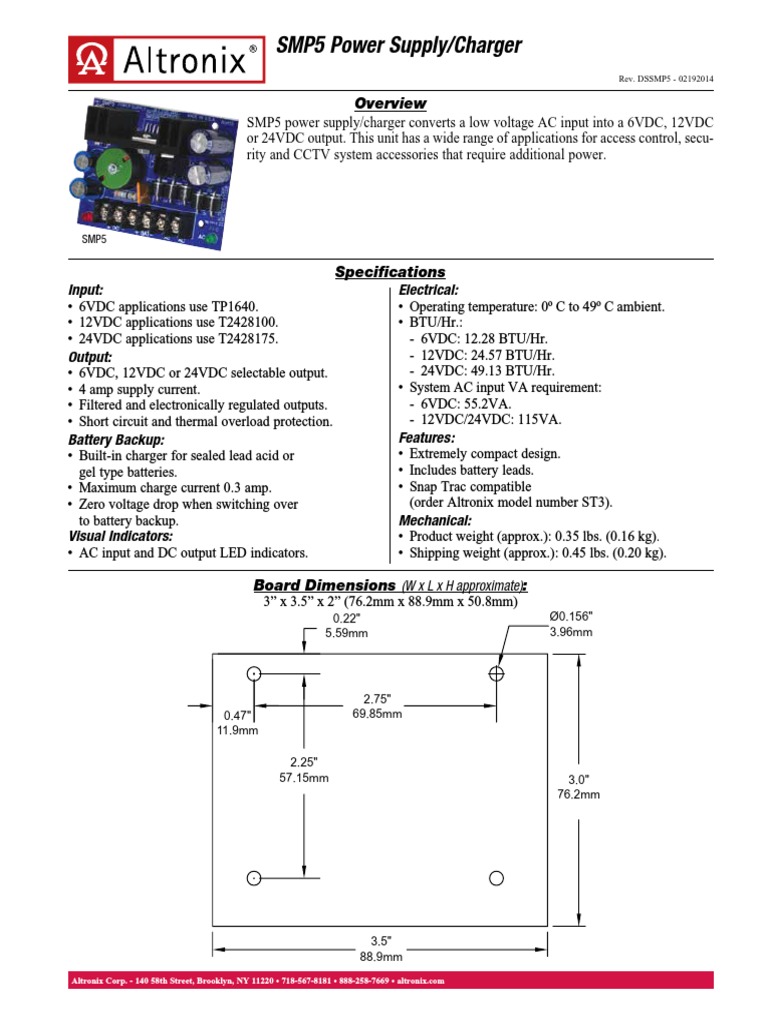 SMP5 Power Supply/Charger 0.22" 5.59mm Ø0.156" 3.96mm PDF Power