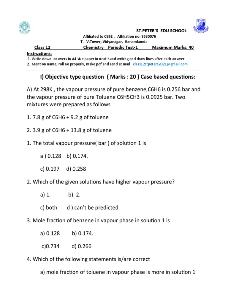 cl-12 Periodic Test 1chemsitry | PDF | Chemistry | Physical Sciences
