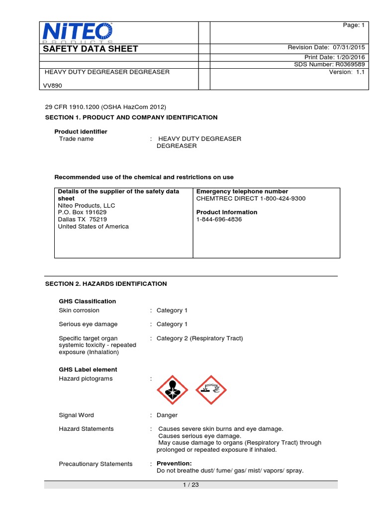 SDS Heavy Duty Degreaser Degreaser PDF Firefighting Toxicity
